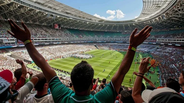 球迷在看台上挥舞旗帜为主队加油助威